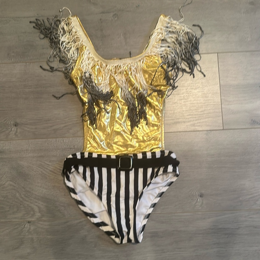 Nessi Byrd Size 6 Gold & Stripe Bathinh Suit with fringe